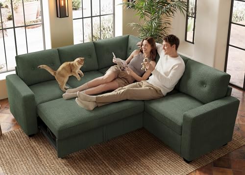 Image of HONBAY 5-Seater U-Shaped Sectional Sleeper Sofa with Pull-Out Bed, Corduroy Sectional Sofa for Living Room, Green