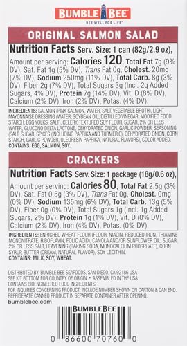 Image of Bumble Bee Snack On The Run! Salmon Salad Kit (Pack of 12) | Ready to Eat Easy-Open Canned Salmon Salad with Crackers Snack Pack, 8g Protein per Box, Wild Caught MSC Certified Seafood