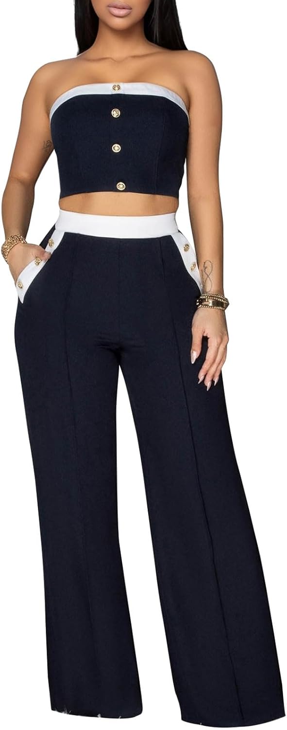 KANSOON Two Piece Outfits for Women Strapless Top and High Waist Wide Leg Pants Vacation Going Out Set