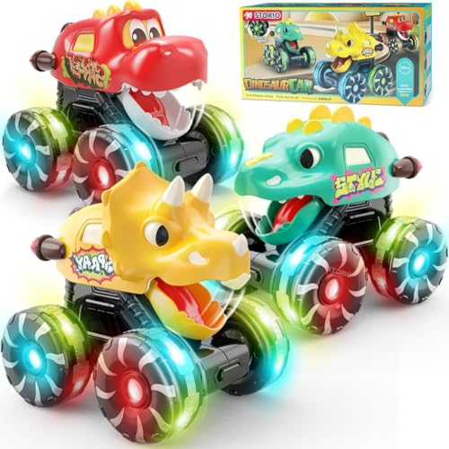 Image of Storio 3 Pack Dinosaur Car Toys, Press & Go Dino Monster Truck Set with Light Up LED Wheels, Friction Powered, for Kids 2-8 Years, Birthday Gift