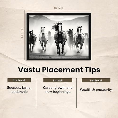 Image of 7 Running Horses Vastu Framed Wall Art Painting For Living Room | Black & White Horse Painting With Frame| Premium Wall Art for Home & Office, 14x18 Inch