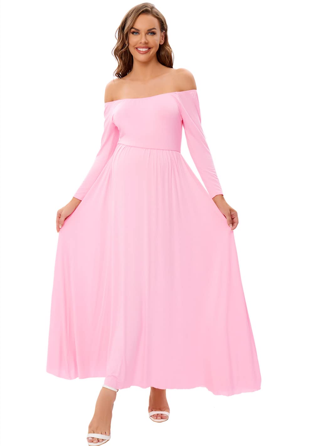 CFWSHJ Abito Lungo Premaman con Spalle Scoperte per Servizio Fotografico Baby Shower Abito Casual a Maniche Lunghe per Gravidanza