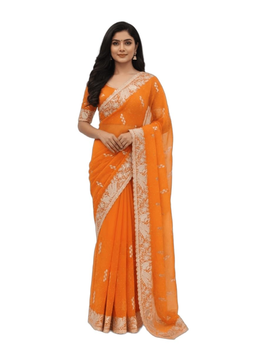 maharani weaves Women’s Georgette Embroidered Saree with Designer Blouse Piece-picture-17