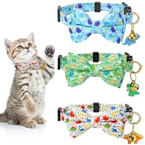 3 PCS Cat Collars with Bow Tie and Bell, Cat Collars Dinosaurs Pattern Breakaway Adjustable Cat Bow Tie Collars, Cute Bow Tie Suitable for Kittens Or Certain Puppies