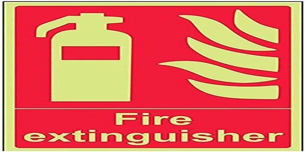 VSafety 13003AN-G "Fire Extinguisher" Equipment Sign, Glow In Dark, 1 mm Plastic, Portrait, 150 mm x 200 mm, Red