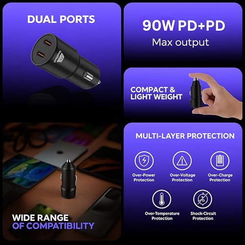 Image of 90W Dual Port Fast Smart Car Charger with 1.2M C-I Cable SuperVooc All Metal PD Quick 45W + 45W Fast Charger Compatible with iPhone & Android Samsung, Vivo, Oppo & Tablets All Brand-Black