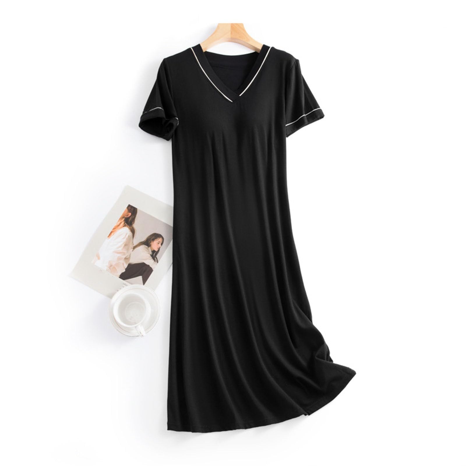 Genérico Camisones para Mujer con Sujetador Incorporado Cuello en V Manga Corta Informales Holgados cómodos Dormir