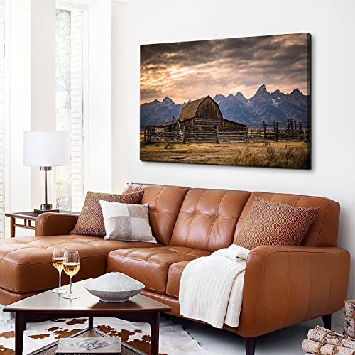 Grand Teton National Park Canvas Wall Art Sunset Moulton Barn Landscape Wall Decor, Wyoming Nature Mountains Scenery Picture Artwork Painting Decoration For Home Living Room Bedroom Kitchen 32X48" #TOP3