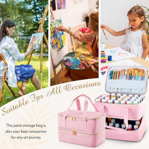 Image of Abbylike Acrylic Paint Organizer Case for up to 56 Bottles (2 Oz) Double Layer Art Supply Storage Bag Alcohol Ink Storage Paint Carry Case with Foam Insert and Inner Pocket(Pink)