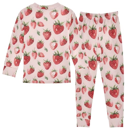 Pink Strawberries Pattern Cute Pajama Sets Long Sleeve Top and Pants, Snug Fit Sleepwear for Night Wears2