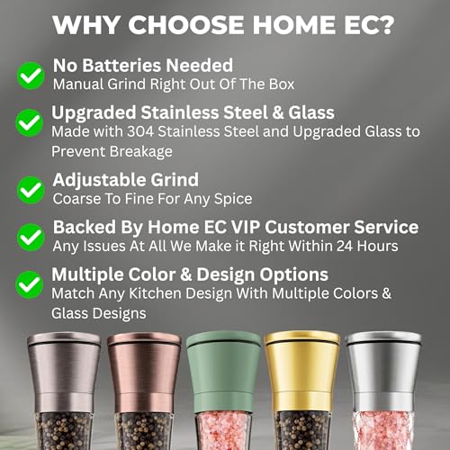 Image of Home EC Premium Stainless Steel Sea Salt and Pepper Grinder Set of 2 - Adjustable Ceramic - Tall Glass Salt and Pepper Shakers - Kitchen Spice Mill W /Funnel & EBook