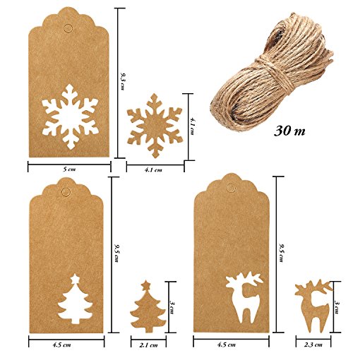 Aneco 150 Pieces Paper Tags Kraft Christmas Tags Hang Labels Christmas Tree Snowflake Reindeer Design For Christmas Gift Favor,Diy Arts And Crafts Wedding Supply With 30 Meters Twine #TOP1