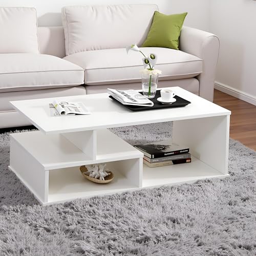 Image of FURNEASER Witely Coffee Table Modern Centre Table with Storage Shelves, Teapoy, Centerpiece Tea & Coffee Table for Living Room, Engineered Wood, Matte Finish, White, 90x45x36 cm