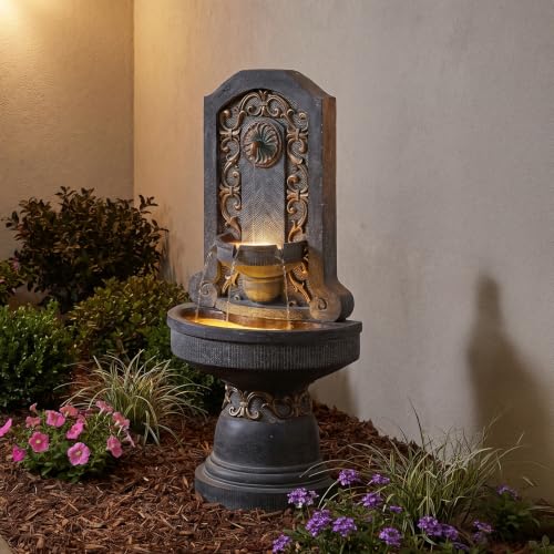 Image of Bumilgar Outdoor Wall Fountain with LED Lights, 49.8 inch H Freestanding Gilded Fleur-de-Lis European Resin Standing Waterfall Feature, European Resin Flat Back Yard
