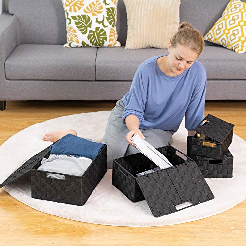 Vk Living Storage Baskets Woven Basket Bin Container Tote Cube Organizer Set Stackable Storage Basket Woven Strap Shelf Organizer Built-In Carry Handles (Lid Bins - 4 Pack, Black) #TOP7