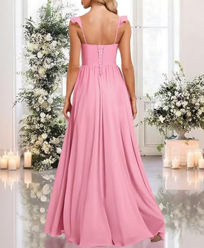 Women's Chiffon Bridesmaid Dresses with Slit V Neck Ruffle Pleated Corset A Line Formal Evening Gowns MT0024