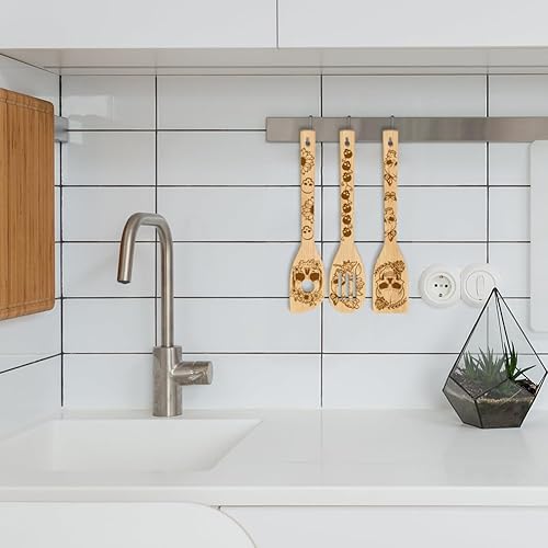 Miniatura 8 de GLOBLELAND Juego de 6 cucharas de cocina de bambú de esqueleto, juego de cucharas de cocina grabadas de madera, juego de espátulas de bambú