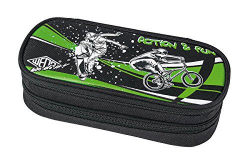 Preisvergleich Produktbild Wedo 24242501 Schulmäppchen (Motiv Action und Fun doppelstöckig, mit zwei Reißverschluss-Fächern) schwarz / grün