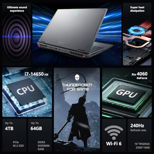 Image of Thunderobot Radiant 16 4060 2.5K Gaming Laptop, 16 inch WQXGA 240Hz Display, 14th Gen i7-14650HX, GeForce RTX 4060, 32GB DDR5 RAM, 1TB PCIe SSD, RGB Backlit Keyboard, Wi-Fi 6, Win 11, Gray