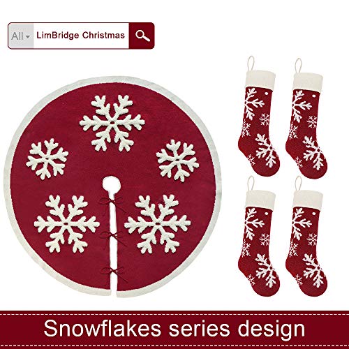 LimBridge Knitted Christmas Tree Skirt, 48 Inches Knitted Christmas Decorations, Wine Red Heavy Yarn Xmas Holiday Decoration with White Snowflakes, Burgundy and Cream