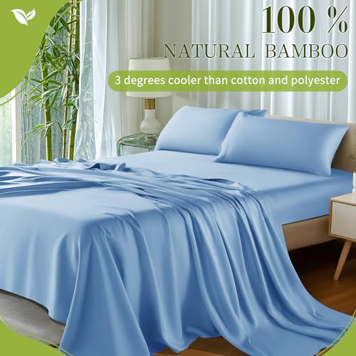 Shilucheng 100% Viscose Derived from Bamboo_ Sheets King Size 4pcs - Ultra Cooling & Silky Soft Bed Sheets, 16" Deep Pocket, Perfect for Hot Sleepers, Hotel Bedding Sheets (Lake Blue)