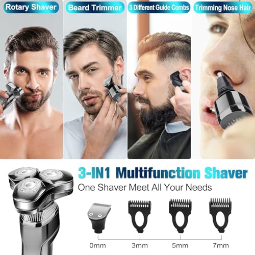 Image of Men's Electric Razor, Upgraded 4D Floating Magnetic Blade Head Rotary Shaver, 3-in-1 Multifunctional for Beard /Nose /Sideburns, IPX7 Waterproof Rechargeable Cordless Shaver, Turbo Speed, Gift for Men