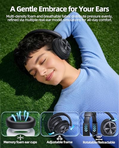 Hybrid Active Noise Cancelling Headphones 120H Playtime Wireless Headphones Bluetooth 6.0 Over Ear Headphones with 6 ENC HD Call Mic, Hi-Res 360° Spatial Audio ANC Headphone for Travel Workout Black - image 7