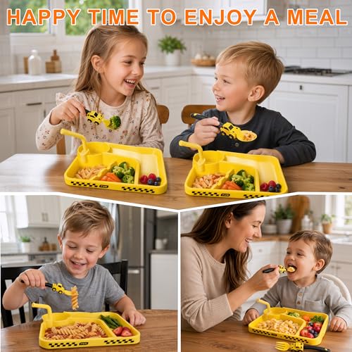 Image of Deinyi Construction Toddler Fork and Spoon Set, Baby Self Feeding Utensils | with Easy Grip Silicone Handles, Kids Tableware for 1 2 3 4 5 Year Old, Halloween Christmas Birthday Gifts, Yellow