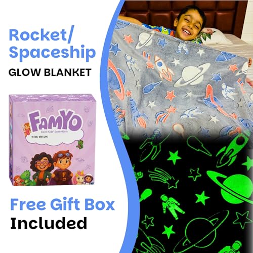 Image of Famyo Rocket /Spaceship Glow Blanket for Kids | Birthday Gift for 0-15 yrs | AC Blanket for Children | Return Gifts, Party Favour | Perfect for Gifting for Niece /Nephew /Son /Daughter (Grey)