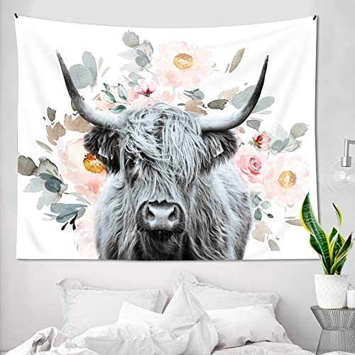 Ambzek Highland Cow Tapestry Floral 51Hx59W Inch Western Country Wall Art Funny Tapestry Bull Cattle Rustic Farmhouse Wildlife Flowers Cute Animal Farm Wall Hanging Bedroom Living Room Decor Fabric #TOP1