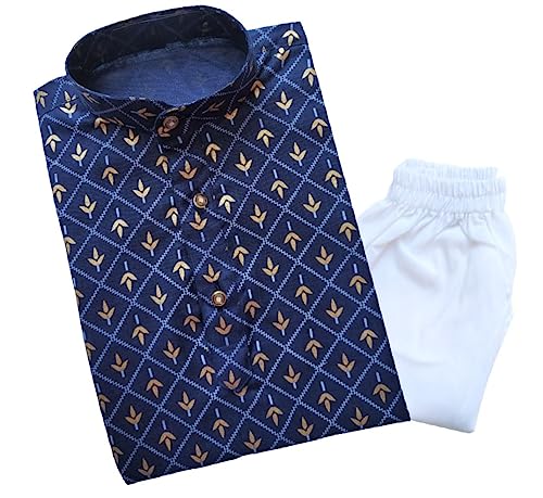 Image of TinySteps Kids Ethnic Wear Fancy Golden Print Cotton Kurta Pyjama Set for Baby Boys