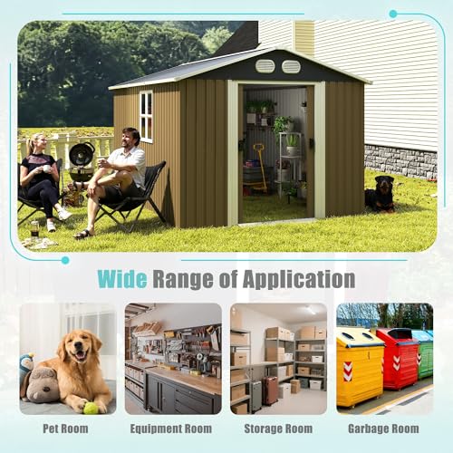 Image of KEIKI 8x12 FT Heavy-Duty Outdoor Storage Shed, Metal Shed with Reinforced Frame, Lockable Doors & Air Vents, Weatherproof Garden Tool Shed for Backyard, Brown