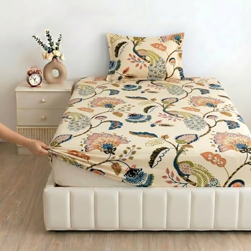 Image of Filymore Peacock Single Fitted Bedsheet with 1 Pillow Cover | anokhi Print Bedsheet in Cream, Red & Blue | 240 TC Soft Microfiber Bed Sheet for Single Bed Size 72x36 inches