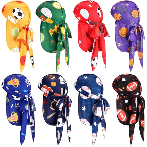 Leumoi 8 Pcs Kids Silky Durags for Boys, Sports Ball Theme Long Tail Satin Headwrap Durag for Baby Toddler Child