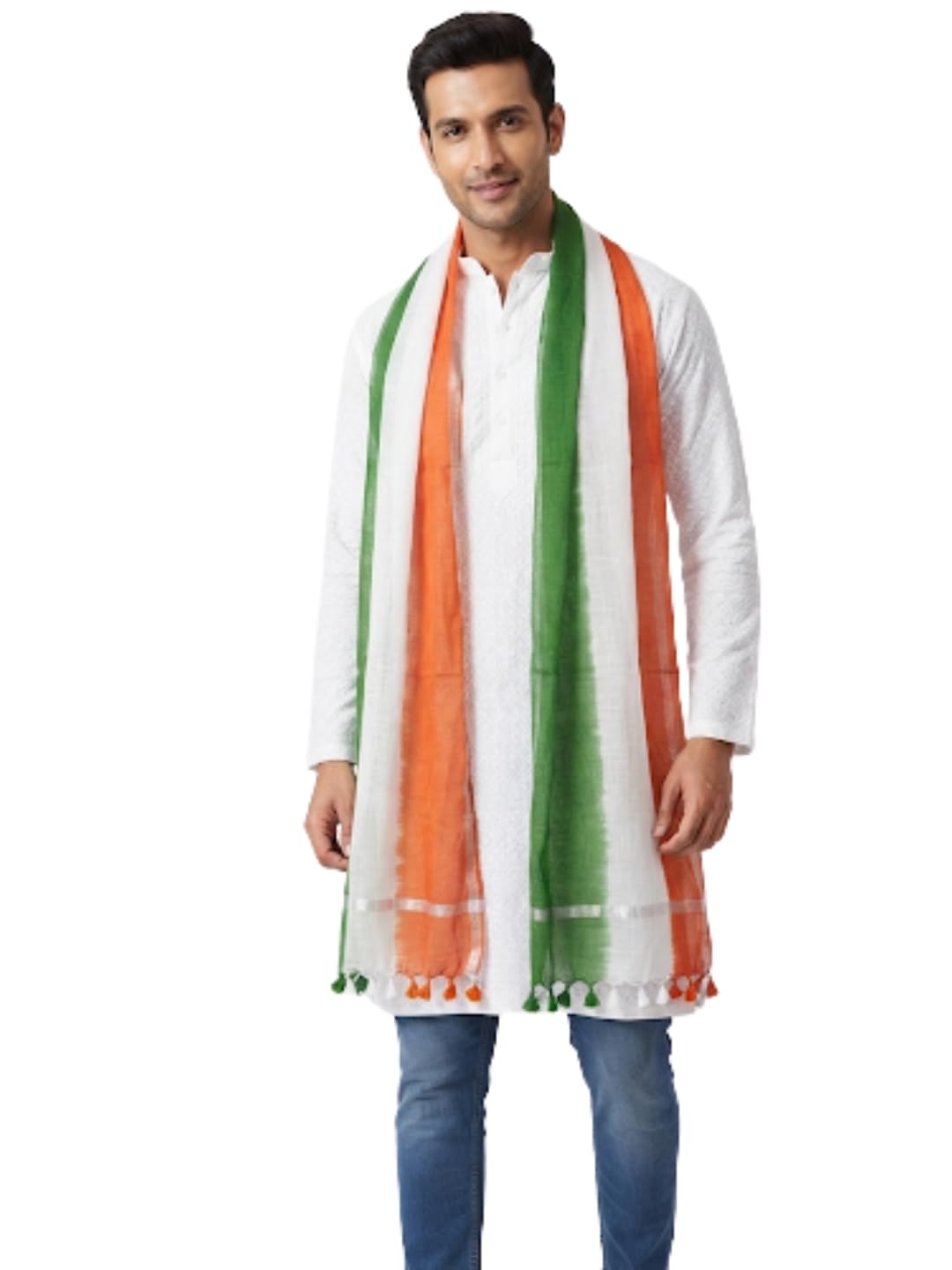 Men's Silk Blend Tricolour Dupatta | Ombre Dyed Patriotic Stole with Tasselled Border | Lightweight Ethnic Dupatta for Republic Day, Independence Day and Cultural Events (Design 2)-image-45