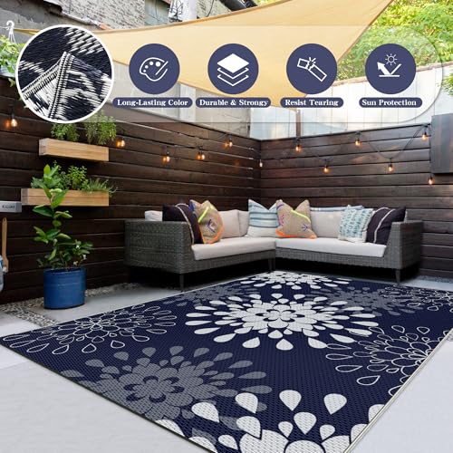 Image of Wallona Outdoor Rug 8x10 ft, Flower Blue & White | Waterproof Reversible Patio Carpet for RV, Outside Camping, Deck, Porch, Balcony, Beach