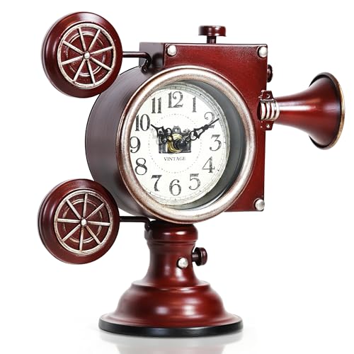 Image of AYRELY Vintage Industrial Film Projector Mantel Clock, Battery Operated Metal Shelf & Table Clock, Retro Home Decor Gift for Film Lovers, Living Room, Fireplace & Media Room