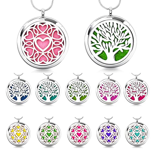 2PCS Essential Oil Diffuser Necklace, Aromatherapy Necklace Jewelry Stainless Steel Perfume Diffuser Pendant Locket with Adjustable Chain and 20 Refill Pads (Tree+Heart) - Image 3