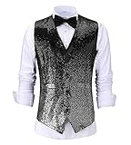 HSLS Men's Suit Vest Sequin Gradient Color Evening Party Waistcoat Fashion(Medium, Black-Silver)