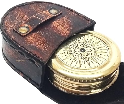 Brújula de bolsillo vintage de latón con funda de cuero miniatura 5