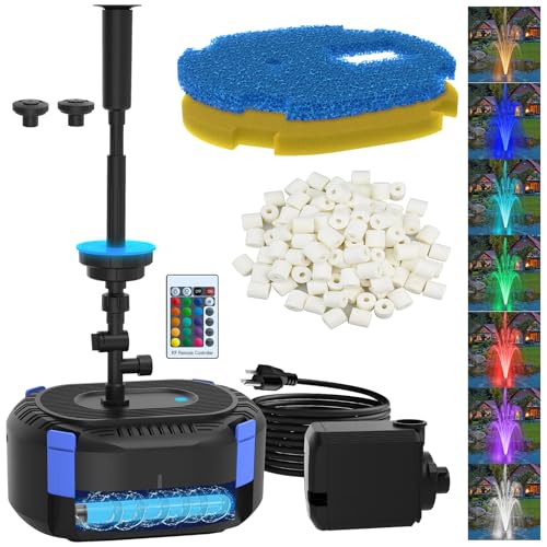 AquaMiracle All-in-1 Pond Fountain Kit 550GPH with 3-Spray Patterns Pond Filters System for Outdoor Ponds with Color LED & U - V Light to Clean Green