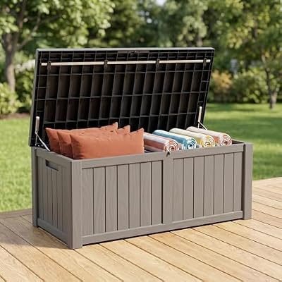 148 Gallon Resin Deck Box - Outdoor Storage Chest for Patio Furniture Cushions, Garden Tools, Pool Accessories & Backyard Organization Lockable Waterproof All-Weather Wood Grain Design, Easy Assembly