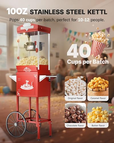 Image of 10 oz Popcorn Machine Cart, Popcorn Maker Machine with Wheel&Stainless-Steel Kettle Makes Up to 48 Cups, Vintage Movie Theater Style Pop Corn Machine, Red