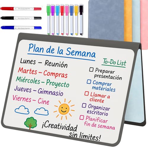 MandA® PIZARRA BLANCA pequeña | CUADERNO Pizarra PLEGABLE, BORRABLE y PORTÁTIL | Pizarra MAGNÉTICA | 2 x A5 + 11 Rotuladores + Gamuza - Cuaderno de pizarra | INFANTIL | OFICINA | ESTUDIAR | Azul
