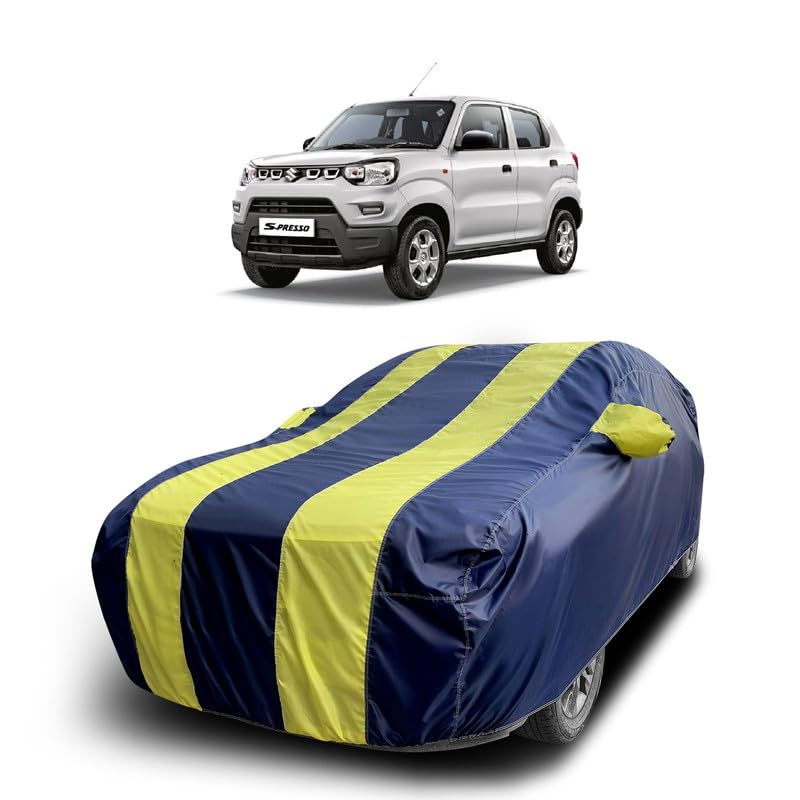 Image of MADAFIYA Car Cover for Maruti S Presso (2019 to 2024 Models) with Mirror Pocket, Triple Stitched, All Weather Protection, Breathable Fabric, Full Size (Heavy Duty Yellow)
