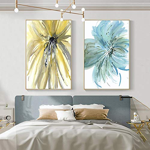 Peinture sur toile abstraite fleur moderne aquarelle grand format déco maison 2pcs