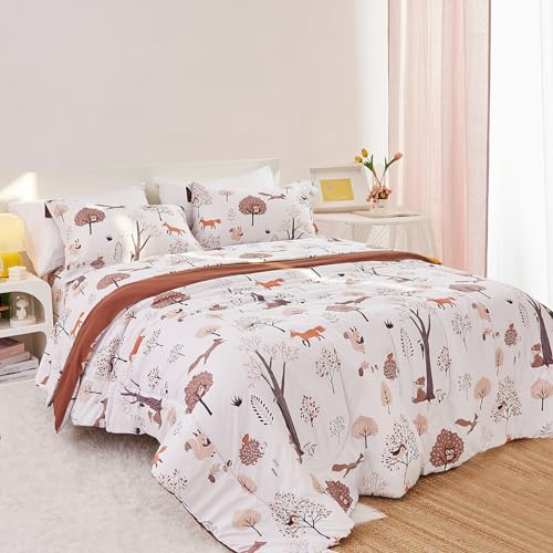 Image of Yibeizi Kids Comforter Set for Boys Girls Full Size, Cute Quilted Woodland Forest Animal Print Fall Bedding with Pillow Sham, Lightweight Soft Breathable Machine Camping Themed Bed Set 3 Piece