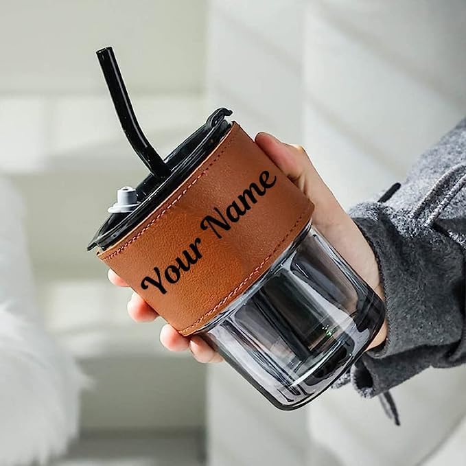 Image of Glass Mug with Bamboo Lid and Straw, 510ml, for Cold Drinks, Smoothies, Coffee(Pack of 1) (Personalized Glass Mug with Leather Sleeve)