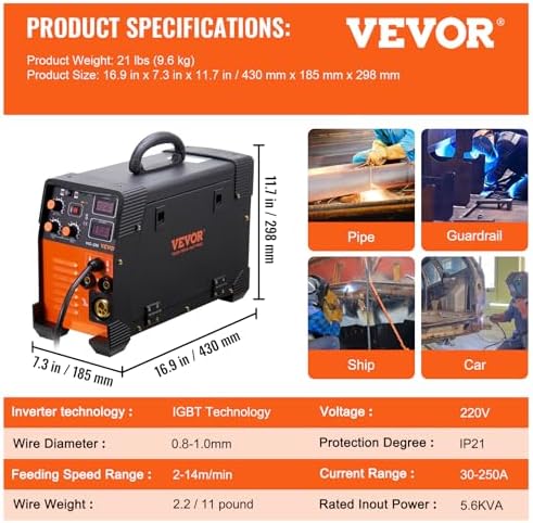 Bild 6 - VEVOR MIG/MMA/TIG 3 in 1 Schweißgerät 50–250A Fülldrahtschweißen(0,8 mm & 1 mm) IGBT-Technologie 2,2–12m/min Drahtgeschwindigkeit 5,6 kVA Nenneingangsleistung IP21S Schutzart