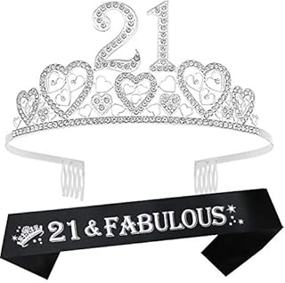 VeryMerryMakering 21st Birthday Sash and Tiara for Women - Fabulous Set: Glitter Sash + Hearts Rhinestone Silver Premium Metal Tiara for Women, 21st Birthday Gifts for 21st Birthday Party
